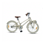 Beiges Kinderfahrrad im Vintage-Stil mit Frontgepäckträger und braunem Sattel.