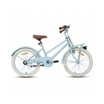 Hellblaues Kinderfahrrad im Vintage-Stil mit Frontgepäckträger und braunem Sattel.
