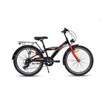 Schwarzes Kinder-Fahrrad mit roten Akzenten an der Gabel, Gepäckträger und Schutzblechen.