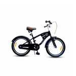 Schwarzes Kinderfahrrad im Cruiser-Stil mit geschwungenem Rahmen, braunem Sattel und braunen Griffen.