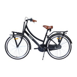 Schwarzes City-Fahrrad mit braunem Sattel.