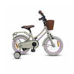 Beiges Kinderfahrrad mit Stützrädern und Korb.