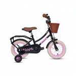 Schwarzes Kinderfahrrad mit Stützrädern und Korb.