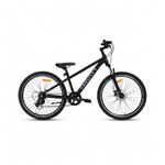 Schwarzes Mountainbike auf weißem Hintergrund.
