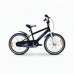 Schwarzes Kinder-Fahrrad mit hellblauen Akzenten.